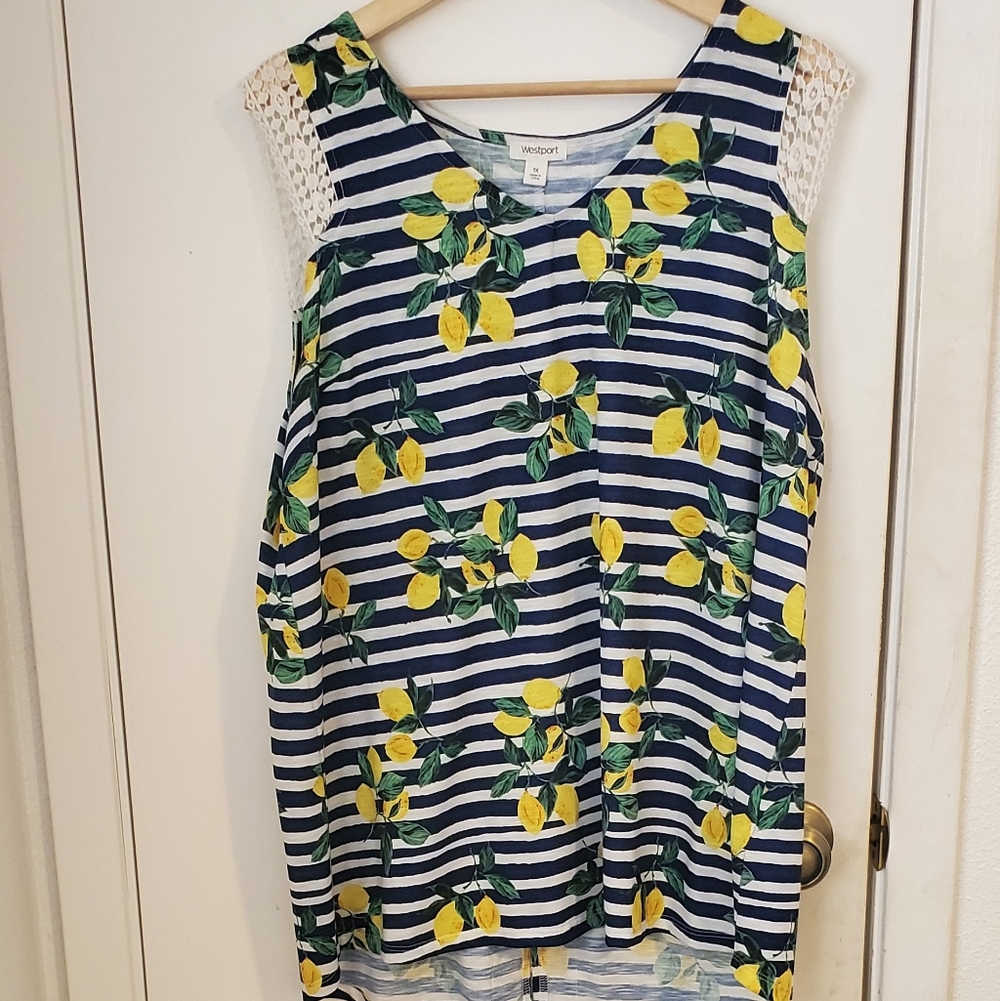 Westport Lemon Print High Low Crochet Detail Tank Top Women's Size 1X